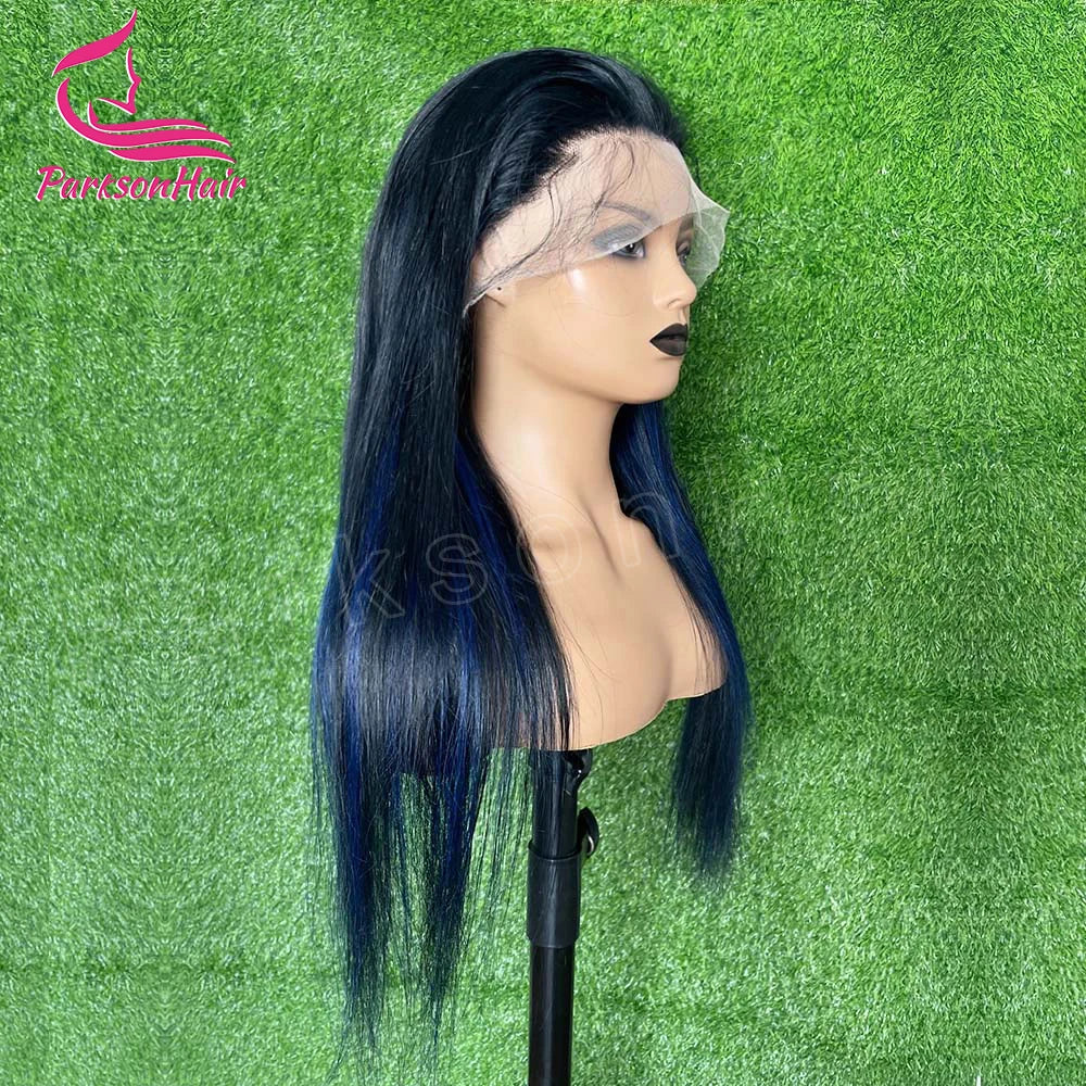 13*4 13*6 Straight Highlight  Black With Blue Lace Frontal Wigs Human Hair Wig For Black Women Brazilian  Hair Full Lace Wigs