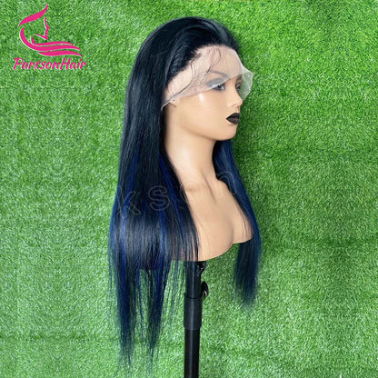 13*4 13*6 Straight Highlight  Black With Blue Lace Frontal Wigs Human Hair Wig For Black Women Brazilian  Hair Full Lace Wigs