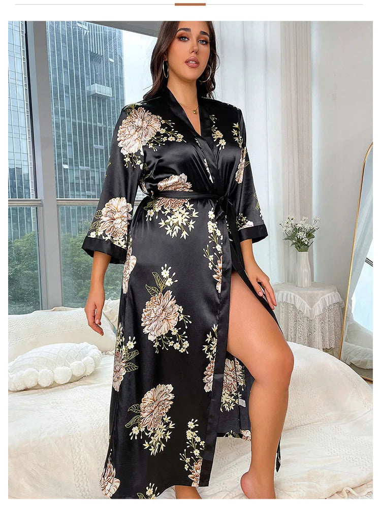 Plus Size Women's Satin Like Nightgown Fashion Long Maxi Sleep Dress100kg Floral Print Loose Fit Robe for Curvy Girls Loungewear