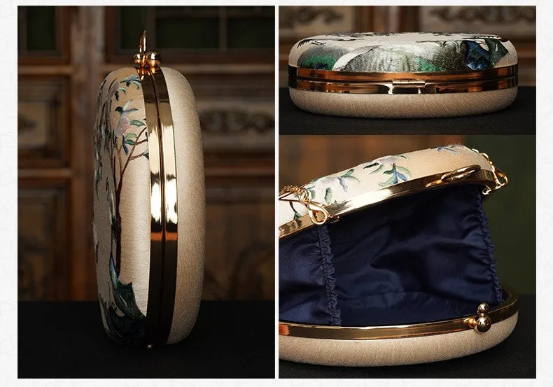 Cape-Bay Brand Women's Bag, Elegant and Classy Small Handbag, Shoulder Bag, Round Bag, Crossbody Bag, Classical Beauty, Retro Fashion, Chinese Suzhou-Style Embroidery, Landscape Painting, Floral and Bird Motifs, Beautiful Min