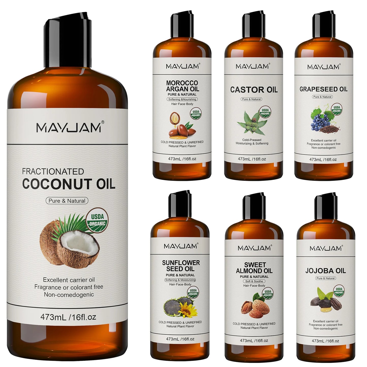 USDA Organic Coconut Oil for Skin Face Hair Cold-Pressed Sweet Almond Moroccan Argan Sunflower Seed Oil for Massage Moisturize
