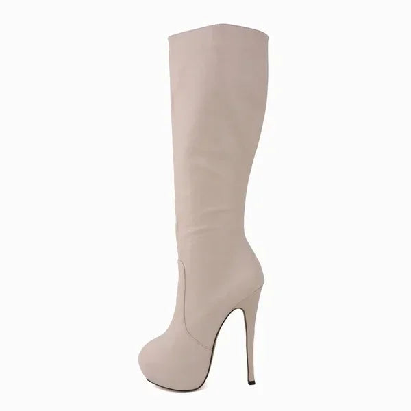 New Large Size Women Boots Autumn Winter Sexy 14cm Super High Heels Long Over Knee Long Boots Leather Round Toe Red Pumps Shoes
