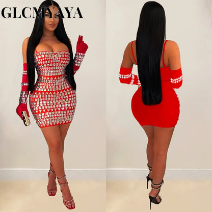GLCMYAYA Women Diamonds Hot Rhinestones Crystal Spaghetti Strap Birthday Bodycon Midi Dress Sexy Party Even Dresses Vestidos