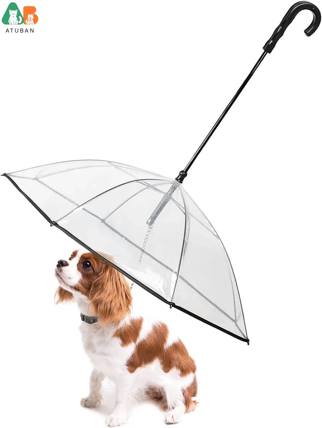 ATUBAN Dog Umbrella with Leash for Small Pets, Umbrella for Dogs Fits 20” Back Length Pets,J-Shape Handle,Clear Umbrella Surface
