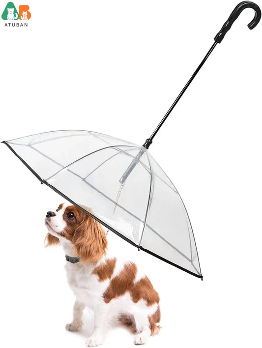 ATUBAN Dog Umbrella with Leash for Small Pets, Umbrella for Dogs Fits 20” Back Length Pets,J-Shape Handle,Clear Umbrella Surface