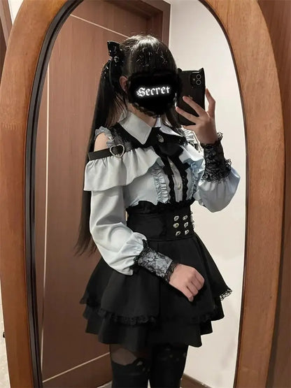 Gothic Women's Clothing Shirt Long Sleeve Lolita Blouse Japanese Bow Tie Sweet Cute Tops Design Streetwear Y2k Retro Blouse New