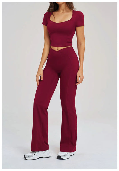 2PCS Women's Yoga Tracksuit midriff-baring short sleeve top high waist Bell-bottom Women Gym Running Training Workout Yoga Set