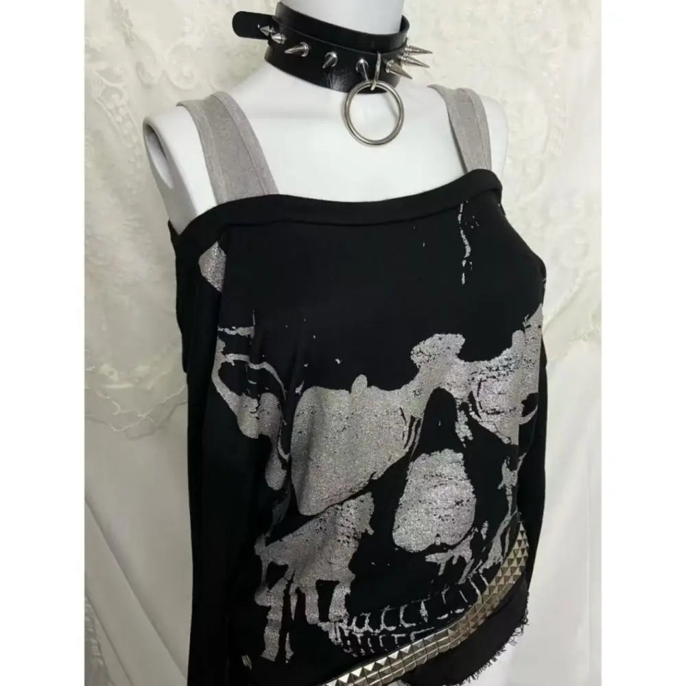 Y2k Fake Two Pieces Vintage Tops Streetwear Slash Neck Skull Print Off Shoulder Gothic Punk Tshirts Women Grunge Harajuku Tees