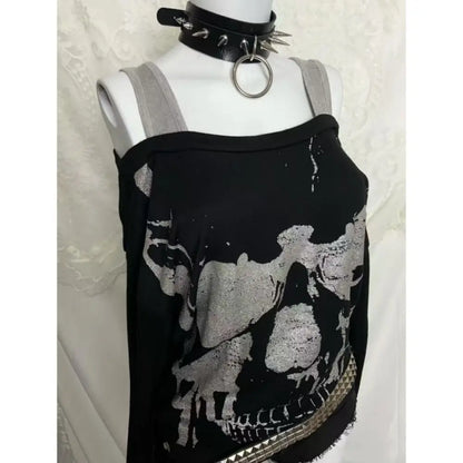 Y2k Fake Two Pieces Vintage Tops Streetwear Slash Neck Skull Print Off Shoulder Gothic Punk Tshirts Women Grunge Harajuku Tees