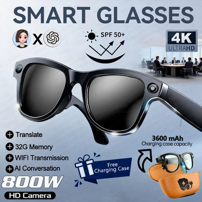 2026New 800W 4K HD Color Change AI Smart Glasses Men Record Video 3600mAh Battery 120+Languages Translation Music Player Glasses