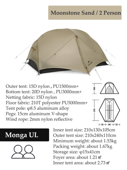 Naturehike Mongar Tent Camping Tent 2 Person Ultralight Professional Waterproof & Windproof Backpack Tent 20D Nylon Travel Tent