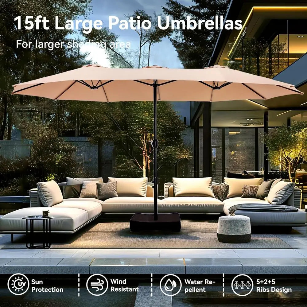 Large 15ft Rectangle Patio Umbrella with Stand, Outdoor Double-Sided Market Umbrella for Poolside and Backyard, Beige