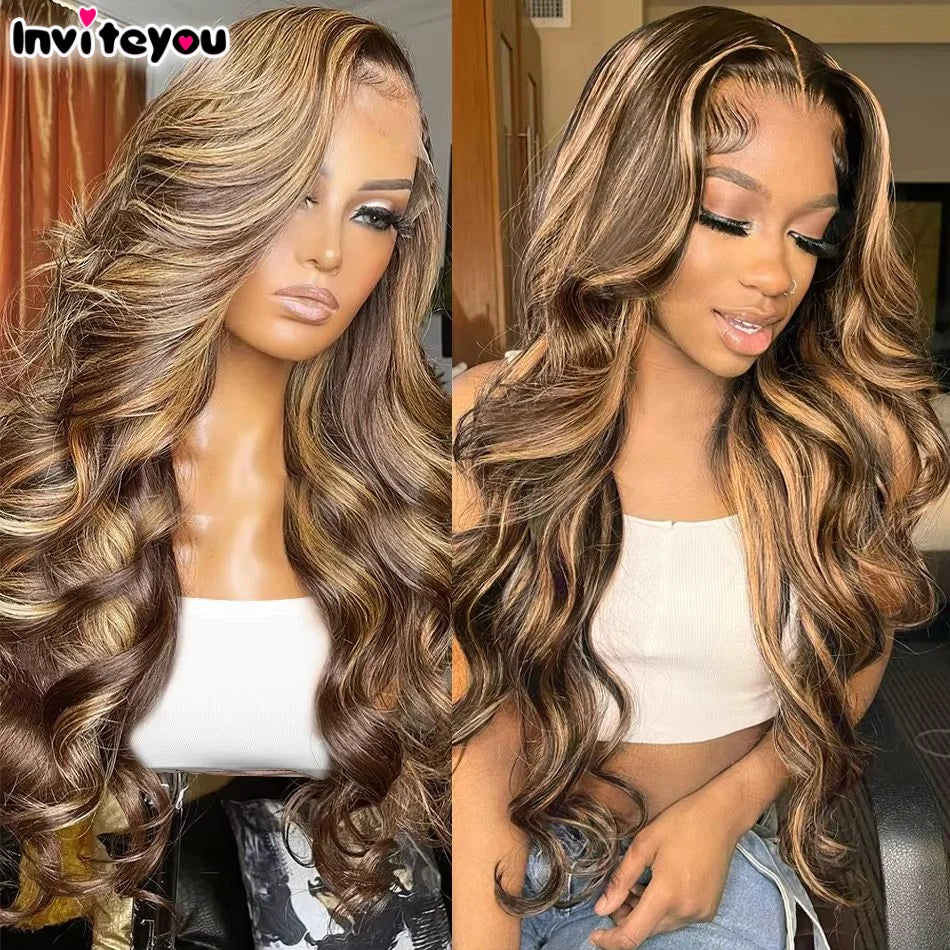 13x4 13x6 Hd Highlight Body Wave Lace Front Wig For Women Remy P4/27 Ombre Human Hair Lace Frontal Human Hair No Glue 4x4 Wigs