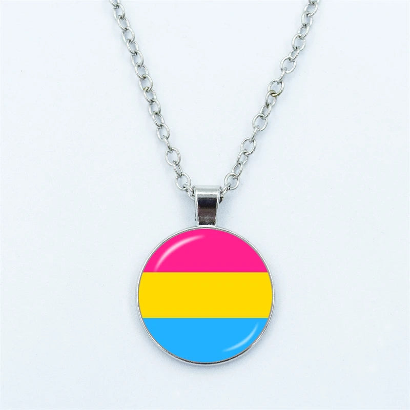 Rainbow Necklace LGBT Lesbian Gay Pride Rainbow Friendly Print Art Pattern Glass Cabochon Pendant Couple Chain Necklace Gift