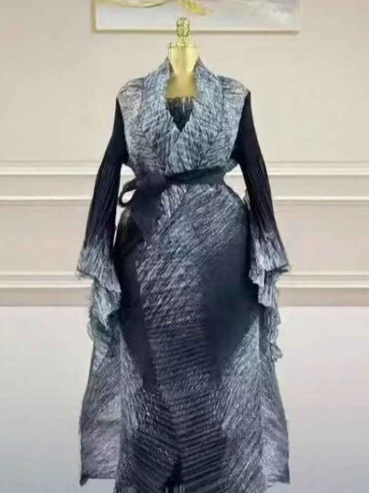 EGRM Miyake Pleated Robe Plus Size Women's Dresses Sets Fashion Strapless Skirt Cardigan Trench Coat Party Dress 2-Piece Set