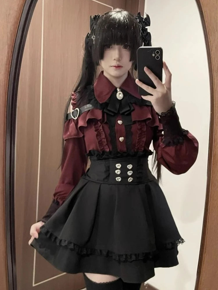 Gothic Women's Clothing Shirt Long Sleeve Lolita Blouse Japanese Bow Tie Sweet Cute Tops Design Streetwear Y2k Retro Blouse New