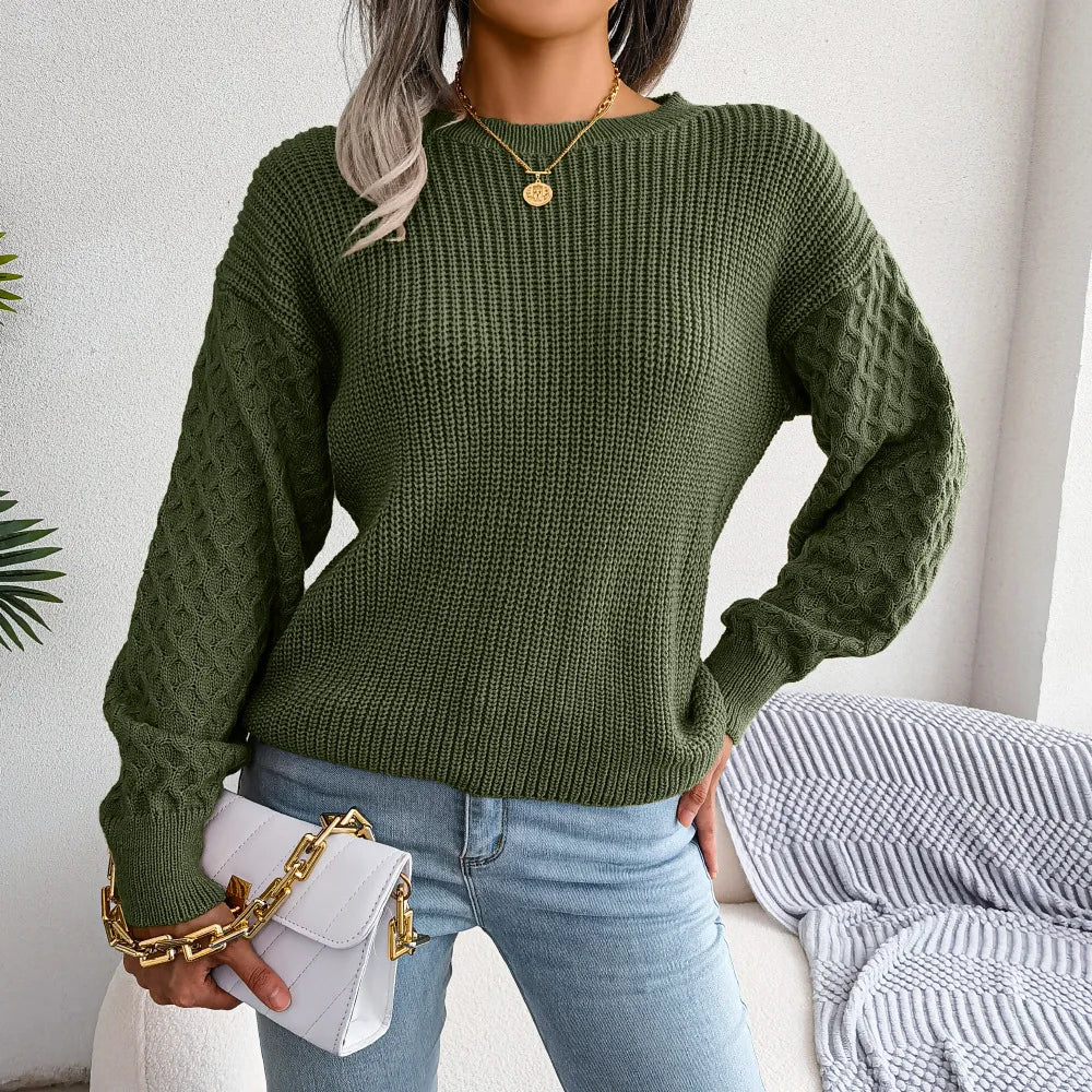2024 Autumn Winter Casual Lantern Long Sleeved Knitted Sweater Fashion Army Green Round Neck Sweater Elegant Knitted Pullover