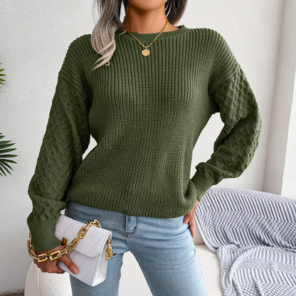2024 Autumn Winter Casual Lantern Long Sleeved Knitted Sweater Fashion Army Green Round Neck Sweater Elegant Knitted Pullover