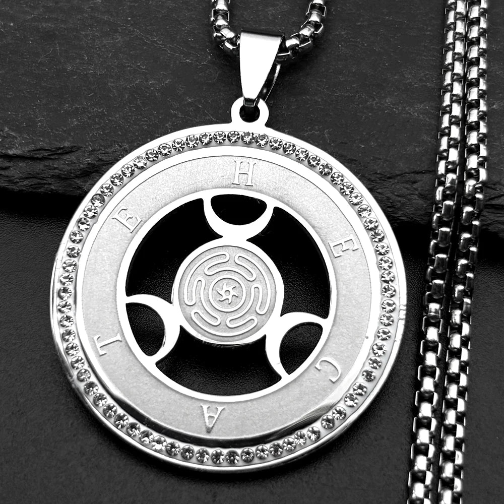 Witchcraft Triple Moon Goddness Hekate Wheel Stainless Steel Pendant Necklace Strophalos Hecate Magic Symbol PIN Jewelry