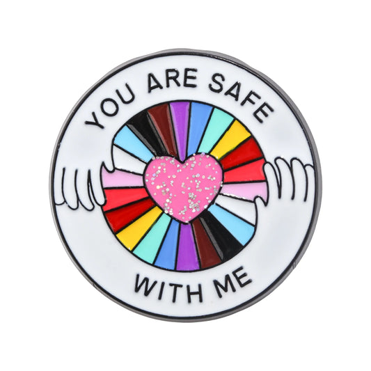 You Are Safe With Me Rainbow Glitter Heart Enamel Pin LGBT Pride Lapel Brooch Positive Quote Friendship Backpack Gift