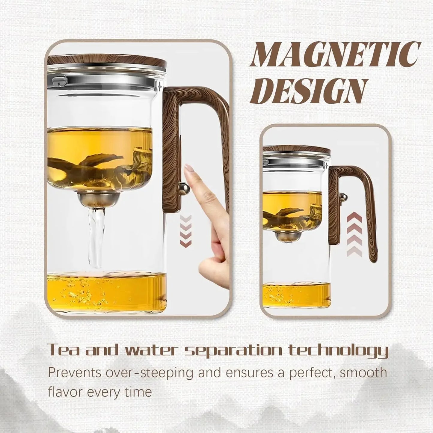 600ML Enchanti Tea Pot Glass Kettle Teapot with Wooden Handle One Click Switch Tea Filtration  Teapots Puer Tea Cup Set