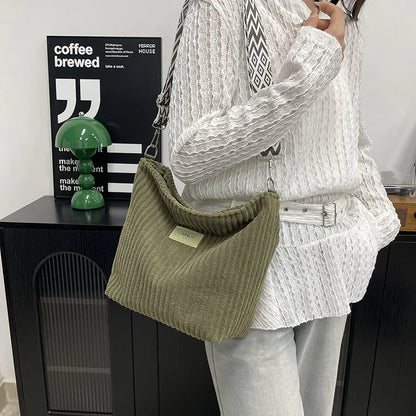 Solid Color Corduroy Messenger Bag Versatile Handbag Women Shoulder Crossbody Bags Casual Chic Bucket Women‘s Bag Bolsos Mujer