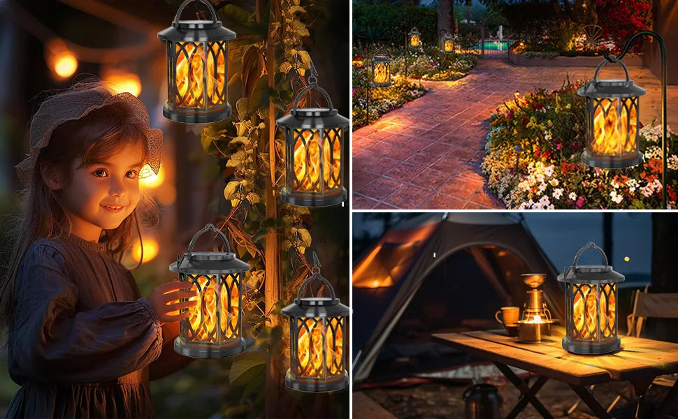 Solar Powered Outdoor Flame Lights Clip-On Lantern Hanging Lamp Waterproof Landscape Pathway Lights for Garden Yard Patio Decor