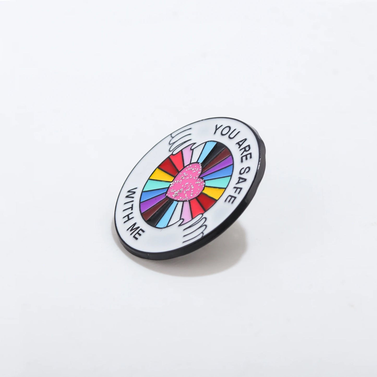 You Are Safe With Me Rainbow Glitter Heart Enamel Pin LGBT Pride Lapel Brooch Positive Quote Friendship Backpack Gift