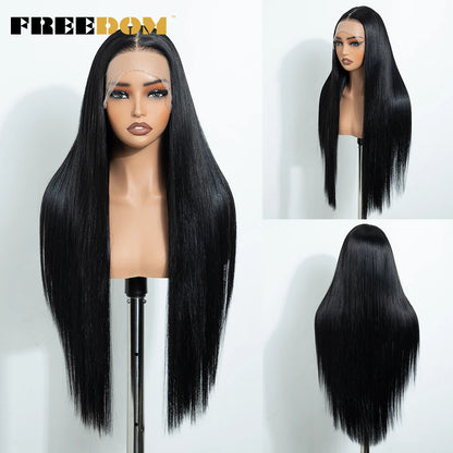 FREEDOM 13X4 Pre Plucked Synthetic Lace Front Wigs For Black Women Natural Hairline Straight 30 Inch Ombre Brown Wig Daily Use