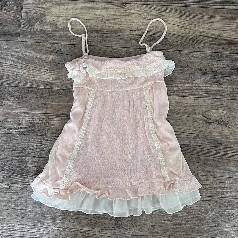Y2k Summer New Solid Sling Tops Kawaii Lace Bow Inside A Sling Vest 90s Aesthetics Crop Top Women Pink Tank Top Fashion Punk Top