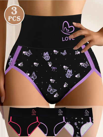 3-Pack Women's High-Waisted Tummy Control Briefs - Elegant Contrast Trim with Floral & Butterfly Design, Soft Breathable Fabric,