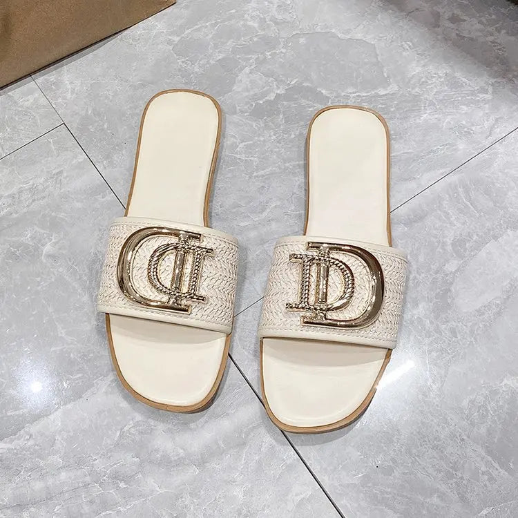 Women Luxury Decor Weave Design Flat Sandals Fashion Open-toe Vacation Casual Slides Party Sexy Elegant Office-Ladies New Shoes