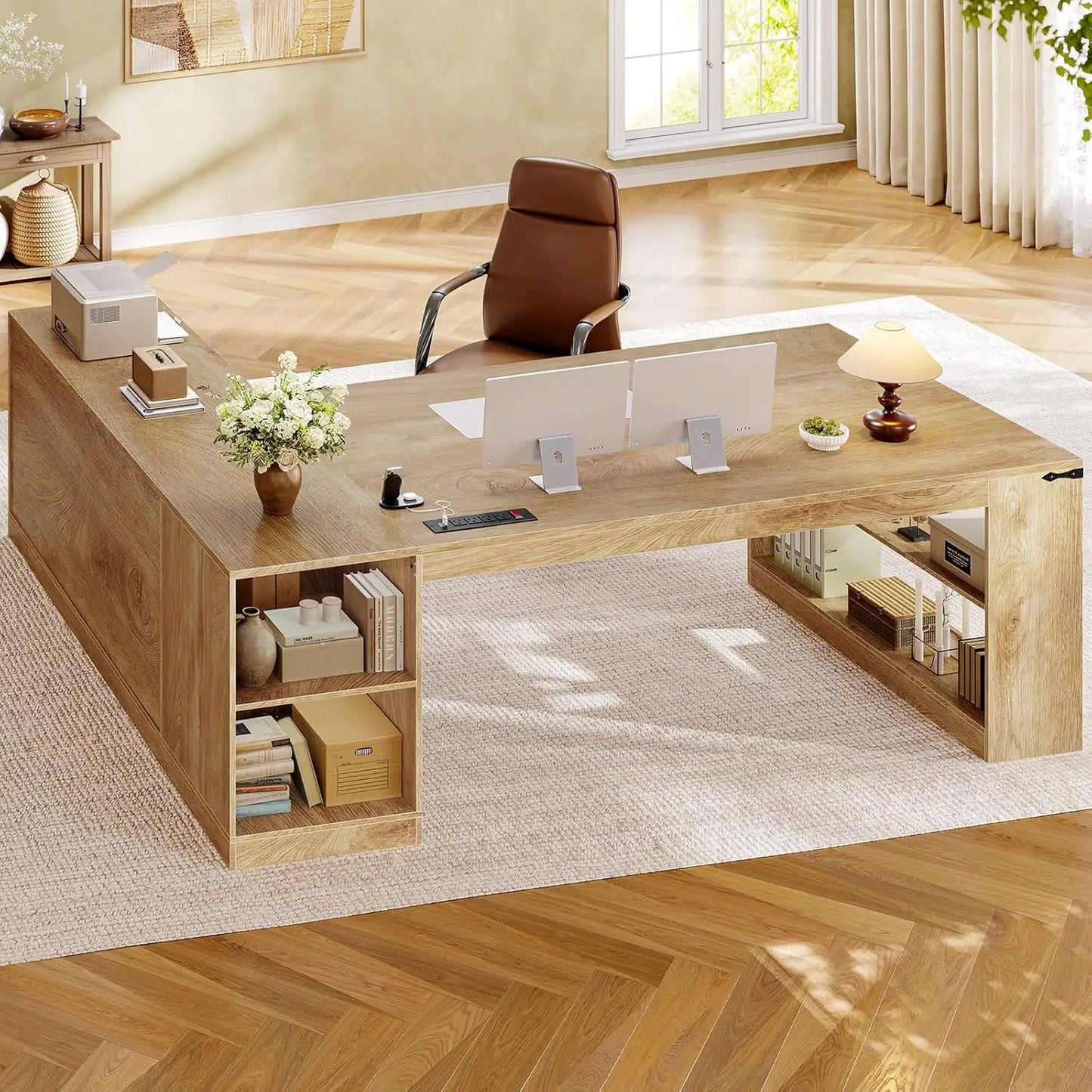 71" Executive Desk with Drawers Power Outlets Storage Shelves File Cabinet L Shaped Office Workstation Oak Customized