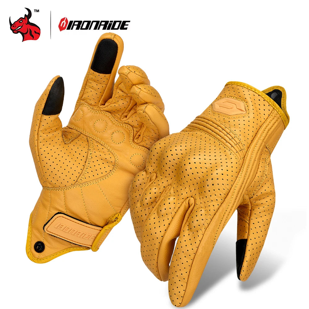 Vintage Leather Motorcycle Gloves Summer Breathable Unisex Biker Gloves With Anti-Slip Ventilation Design Motorbike Ride Glove