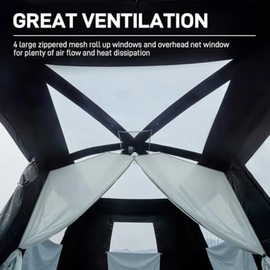 Camping tent for 10 persons, blackout design, black fabric, multi-room layout with rainfly and carry bag, 2 doors, water-resist