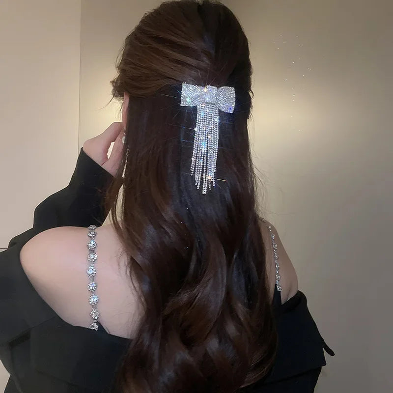 Rhinestone Bow Fringe Hairpin for Women Fashion Temperament Hair Clip Korean Light Luxury Hair Accessories Gold Silver Color