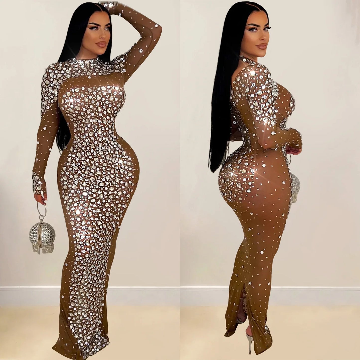 Party Dress Women Floor Length Dresses Vestidos Hot Drilling Evening Bodycon Square Collar Prom High Waist Evening Night 2025
