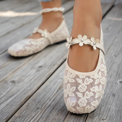 Plus Size 43 Women Fashion Ballet Flats Breathable Laces Square Toe Spring Summer Flat Shoes For Female Daily Walking Loafers