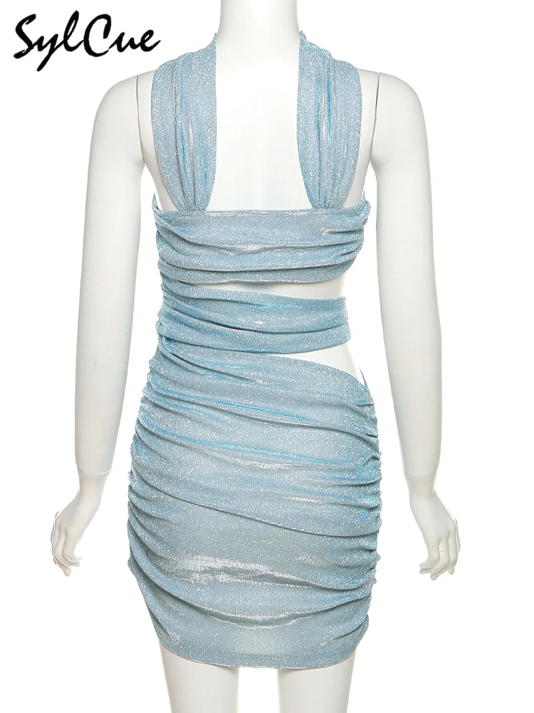 Sylcue Solid Color Flash Hollow Summer Bachelor Party Sexy Mature Beautiful Confident Tight Hot Cool Women's Halter Dress