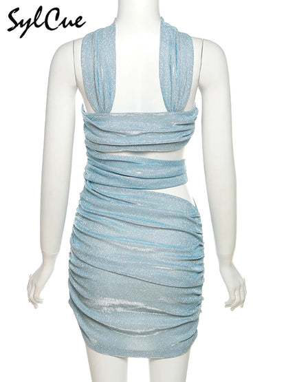 Sylcue Solid Color Flash Hollow Summer Bachelor Party Sexy Mature Beautiful Confident Tight Hot Cool Women's Halter Dress