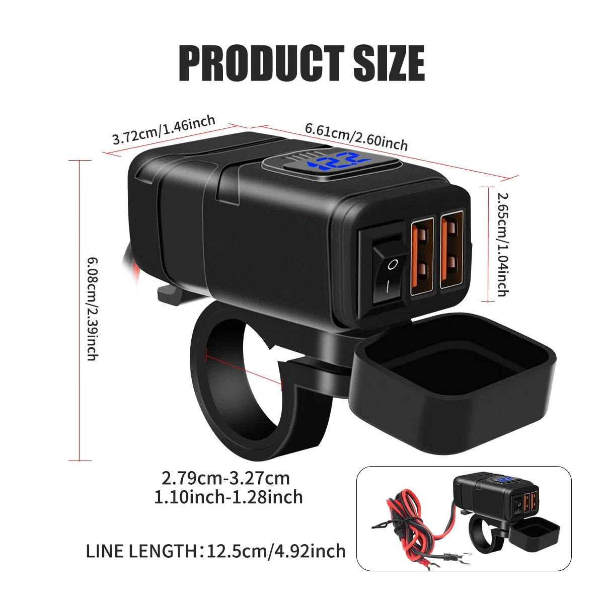 1x Motorcycle Dual USB Socket QC3.0 Fast Charger 60W Handle Style with Switch Voltmeter Waterproof 12V Power Supply Adapter Kit
