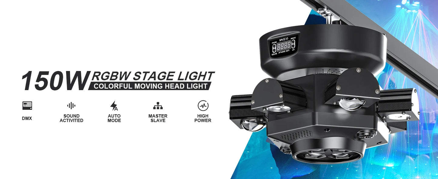 Yiflamefly 150W Moving Head DJ Lights 6 Arms Party Lights RGBW 4IN1 LED Stage Lighs DMX512 For Wedding Party Disco KTV Wedding