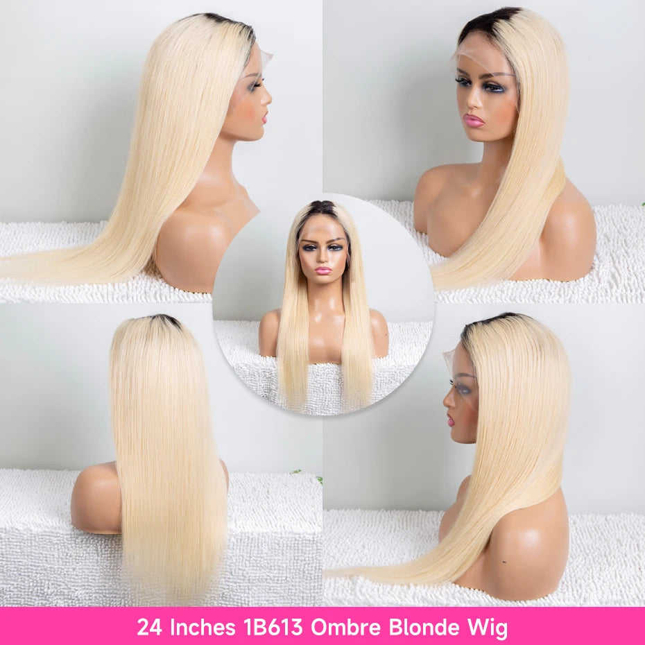 1B 613 Blonde Ombre Human Hair Wigs 13x6 Lace Front Wig Pre Plucked HD Transparent Lace Blond Black Roots Straight 180% Density