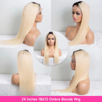 1B 613 Blonde Ombre Human Hair Wigs 13x6 Lace Front Wig Pre Plucked HD Transparent Lace Blond Black Roots Straight 180% Density
