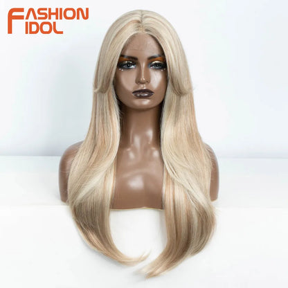 FASHION IDOL 26 Inch Long Straight Lace Front Wig With Bangs Synthetic Hair Ombre Black Blonde Highlight Cosplay Wigs For Women