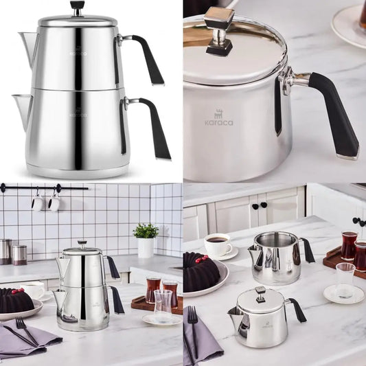 Stainless Steel XL Turkish Teapot Set with 1L Pot and 2L Tank, Compatible with Stovetop and Induction, Elegant Design for Large