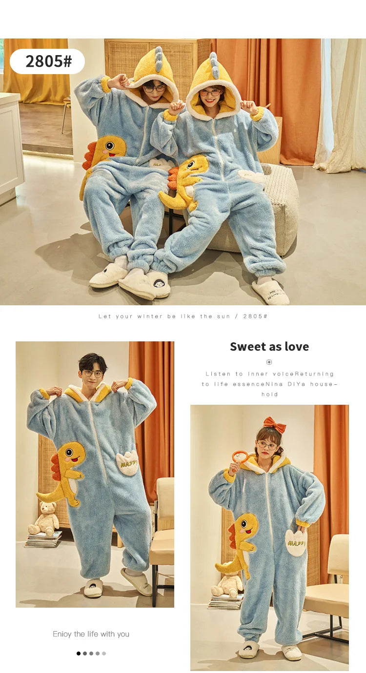 Kigurumi Adults Winter Sleepwear Women Men Pajamas Animal Onesie Thicken Couples Pijamas Cartoon Night Wears For Women Homewear