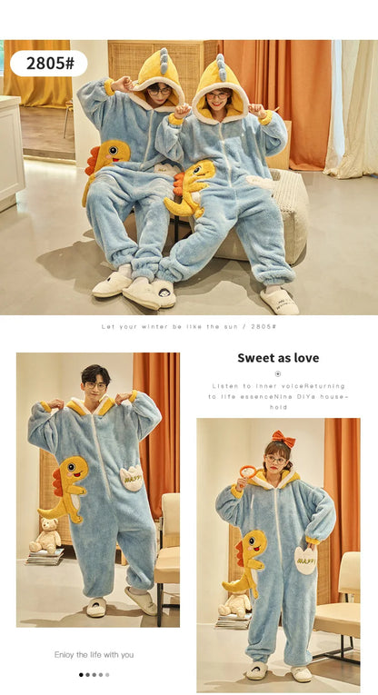 Kigurumi Adults Winter Sleepwear Women Men Pajamas Animal Onesie Thicken Couples Pijamas Cartoon Night Wears For Women Homewear
