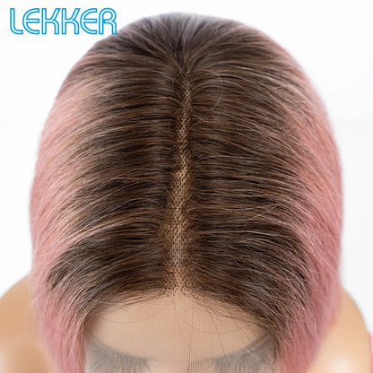 100% Human Hair Wigs Highlight Brown Long Pixie Straight Bob Middle Part lace Front For Women Brazilian Remy hair Glueless Wigs