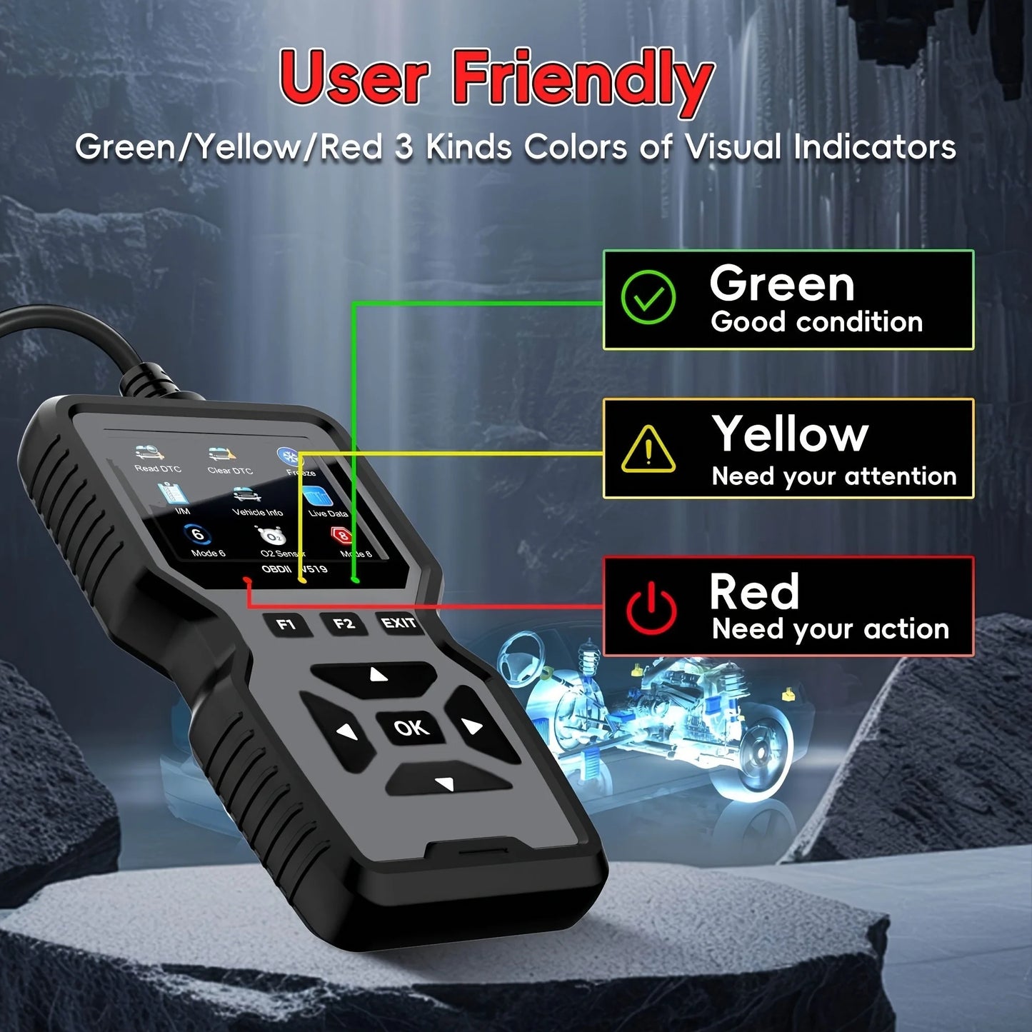 Professional Obd2 Diagnostic Tool Heavy Duty Vehicle Repair Tool - Code Reader/Resetter, Supports Real-Time Data Stream, No Battery Required, Compatible with Vehicles 1996 and up (Obdii/Eobd, Mode 6/8), Suitable for Mechanics